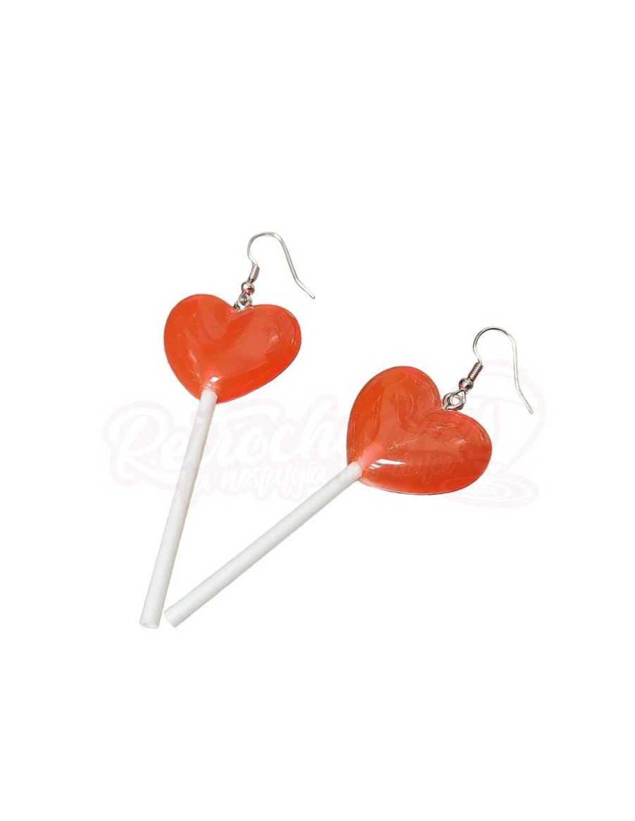 Juguetes+ RetroChuches | Pendientes Piruletas De Coraz N Naranja Grande